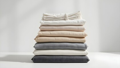 Stack of folded stylish clothes with neutral colors, cotton and linen textures, minimalist aesthetic, bright daylight, ideal for online fashion stores and minimalist lifestyle imagery.