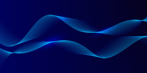 Abstract glowing wave lines on dark blue background with dynamic, flowing pattern. Ideal for futuristic technology designs and banners.