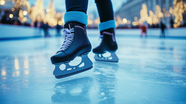 Ice rink close-up of skates gliding on ice, winter entertainment.
