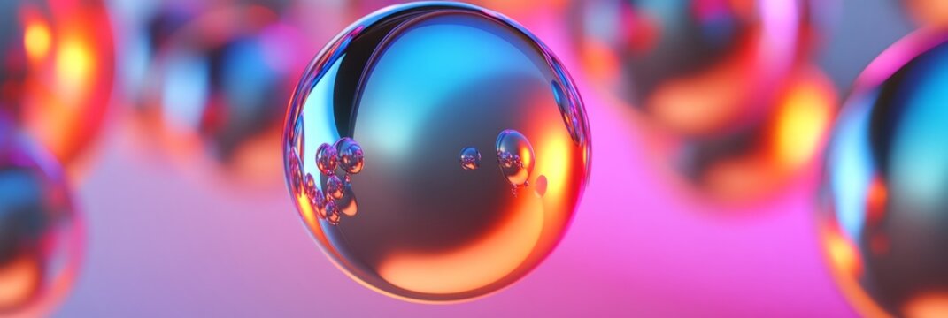 Colorful abstract spheres with reflective surfaces and glowing highlights, floating in a dreamy atmosphere, creating a vibrant and dynamic visual experience for artistic projects
