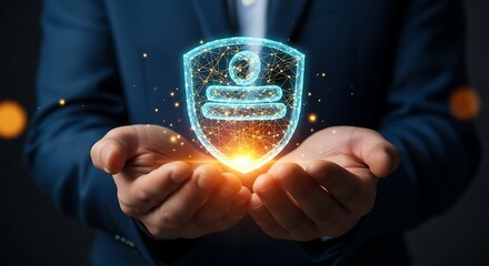 Businessman holding a glowing shield with login interface, symbolizing digital security and data protection.
