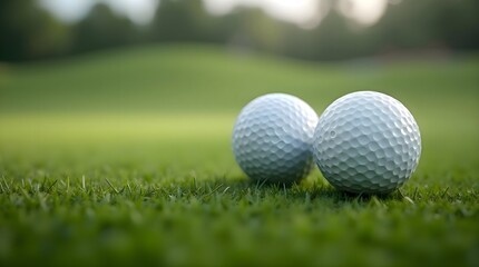 Two golf balls sitting on green grass field, ready for professional golfing practice or outdoor sports activity, showing detailed texture and positioning