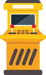 Yellow retro arcade machine standing on white background, featuring joysticks, buttons, and a screen, evoking nostalgia for classic gaming