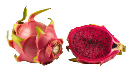Red Dragon Fruit Whole and Halved isolated on a transparent background