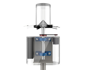 Modern Automated Fish Feeding Machine (Centrifugal Rotary Spreader): Engineering Illustration of Industrial Grade Feeder Mechanism with Electric Motor and Belt Drive on Transparent Background.