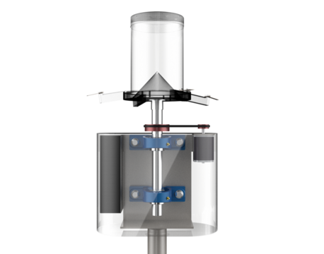 Modern Automated Fish Feeding Machine (Centrifugal Rotary Spreader): Engineering Illustration of Industrial Grade Feeder Mechanism with Electric Motor and Belt Drive on Transparent Background.