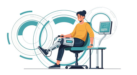 Adaptive technology empowering mobility: Man with robotic leg accessing data for improvement