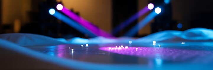 Illustration of stage with fog and spotlights creating a vibrant atmosphere