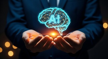 Businessman holding glowing AI brain representing artificial intelligence and technology.