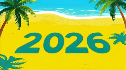Sunlit Tropical Beach with Bright Yellow Sand Turquoise Water Green Palms and Bold Green 2026 Text, Summer Beach Typography