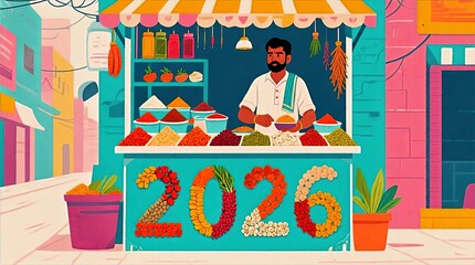 Indian Street Food Vendor at Colorful Stall Decorated with Floral 2026 Sign Fruits Vegetables and Potted Plants, Indian Street Market