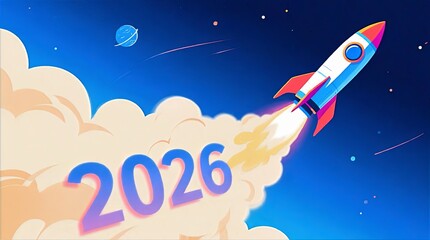 Colorful Striped Rocket Launching into Blue Starry Sky with Glowing 2026 Numbers Emerging from Billowing Smoke, Space Exploration Artwork