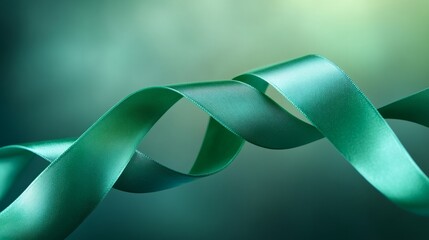 Elegant green ribbon gracefully twists and flows against a soft, blurred background, creating a sense of movement and depth, ideal for decorative or celebratory themes