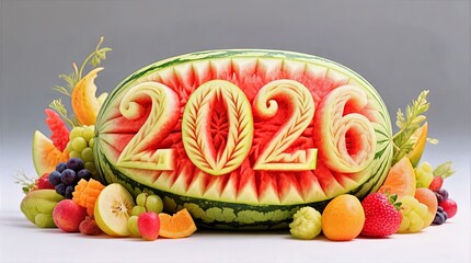 Intricately Carved Watermelons Displaying 2026 Surrounded by Fresh Grapes Oranges Strawberries and Melon Slices, Fruit Carving Display