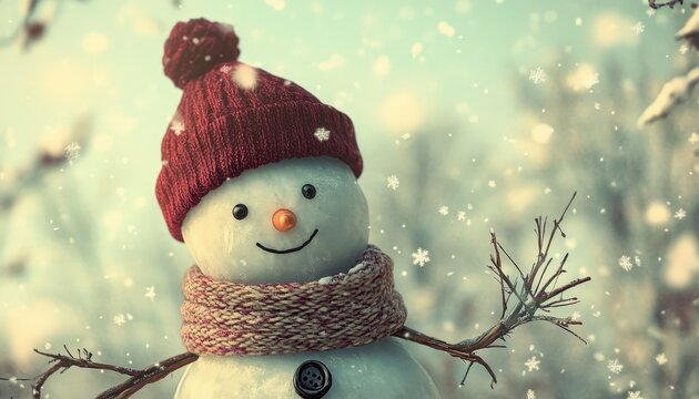 Cheerful snowman dressed in winter attire stands amidst falling snow outdoors