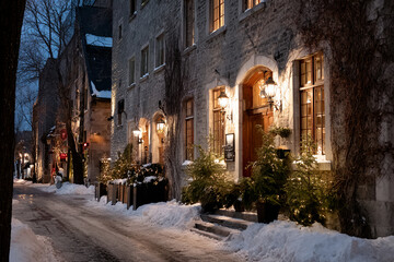Fototapeta premium Historic buildings covered in snow, warm lights in windows, narrow streets, winter charm