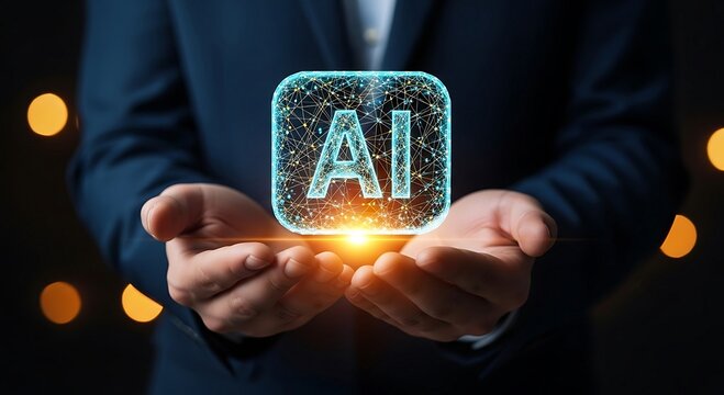 Businessman holding glowing AI icon representing artificial intelligence and future technology.