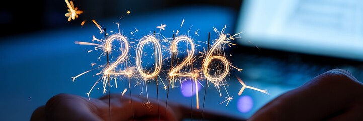 Illustration of sparkling 2026 number with sparklers for new year celebration
