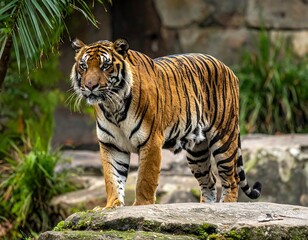 Obraz premium Regal tiger stands on a rock, its stripes vibrant against a blurred background