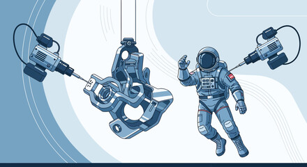 Astronaut facing a mechanical assembly line with robotic arms in a space themed environment