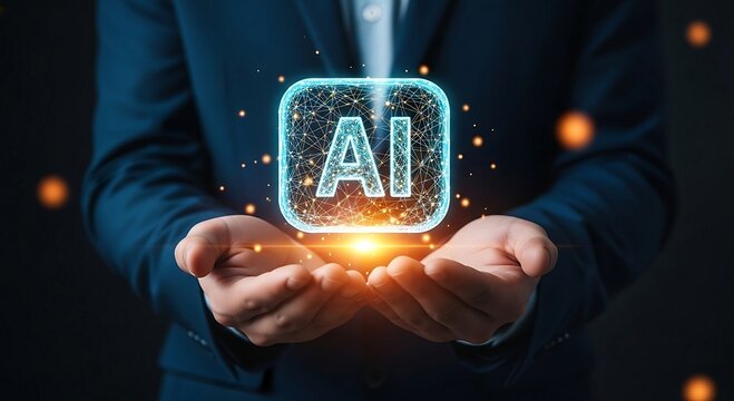 Businessman holding glowing AI icon representing artificial intelligence technology.