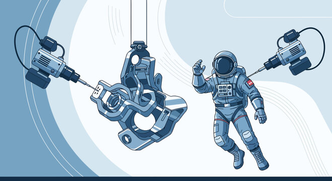 Astronaut facing a mechanical assembly line with robotic arms in a space themed environment