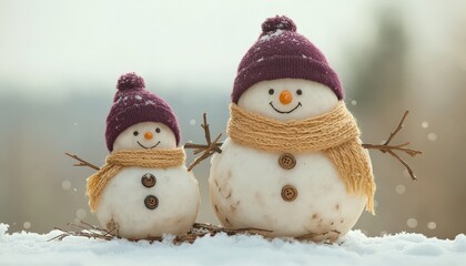 Obraz premium Two charming snow figures dressed in knitwear stand side by side outdoors in soft light