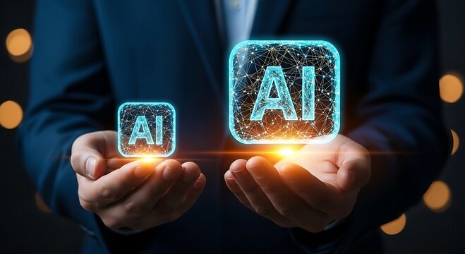 Businessman holding glowing AI icons, representing artificial intelligence and technological advancement.