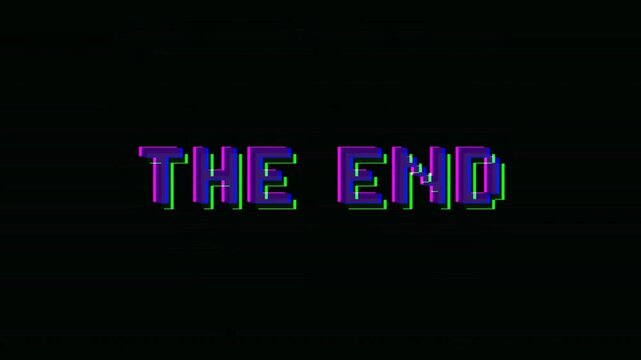 Dynamic The end text animation with vibrant RGB glitch effects and digital distortion on a black background.