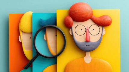 A colorful, stylized illustration of three character heads, with a magnifying glass highlighting one, Perfect for concepts of individuality, analysis, or creativity in marketing and design,