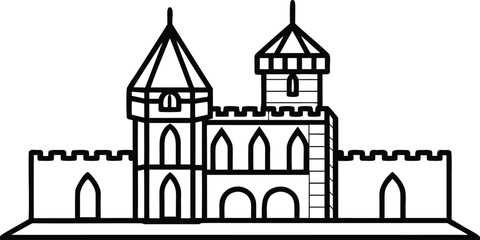 Obraz premium Simple outline drawing of a medieval castle with towers and battlements