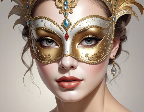 Portrait of woman wearing an ornate gold and white Venetian mask - Powered by Adobe