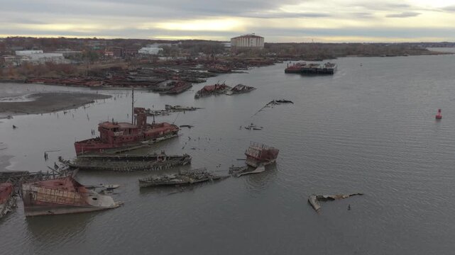 flying clockwise aerial shot of Staten Island Boat Graveyard