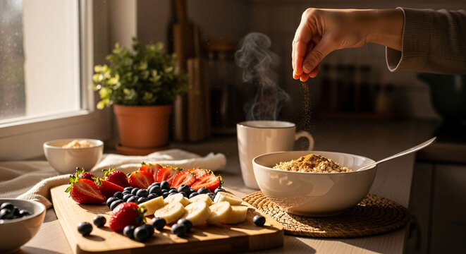 Sunlight streams onto a healthy breakfast of fresh fruit and oatmeal with a hand sprinkling toppings