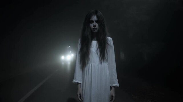 Ghostly woman in a white dress standing on a foggy road at night with car headlights image photo