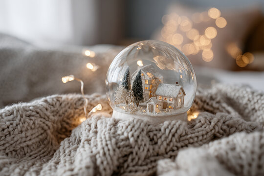 snow globe placed on soft knitted blanket, illuminated by warm golden fairy lights. Inside globe: miniature snowy village scene, frosted houses, tiny trees