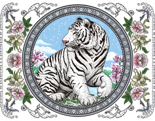 Regal white tiger resting inside an ornate frame with floral and sky details