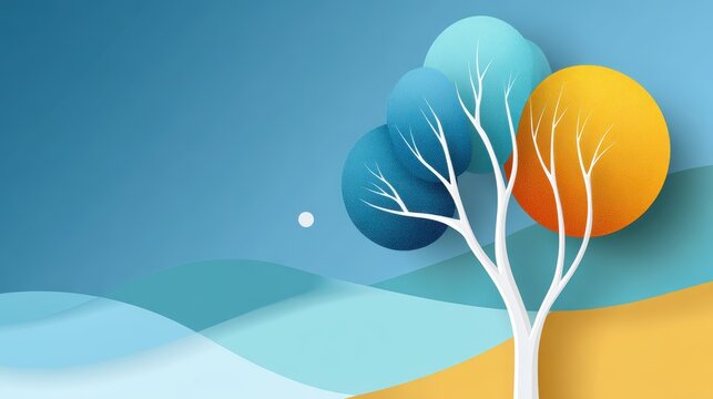A minimalist landscape featuring a stylized tree against soft blue and yellow waves, perfect for nature-related articles, wellness themes, or backgrounds in modern design projects,