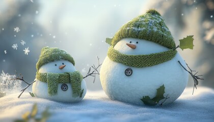 Two charming snow figures dressed in knitted green winter accessories stand close together in the falling snow