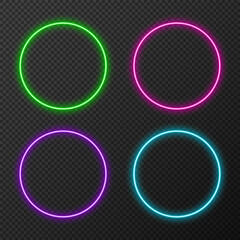 Set of glowing neon circle frames in pink, green, blue, and purple colors on transparent background, vibrant luminous vector rings for UI elements, futuristic labels, highlights