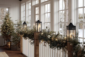 Indoor outdoor transition, pine garland on railing, lanterns, soft winter light, stylish festive look