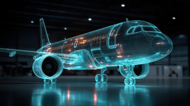 Airplane wireframe model with digital glowing effect