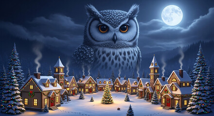 Enchanting winter village scene under a giant owl and full moon with festive christmas tree