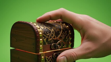 Hand opening a treasure chest full of gold coins in cinematic slow motion reveal, magical treasure