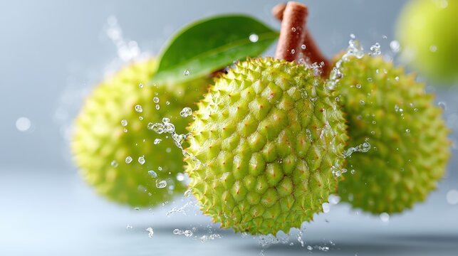 Fresh green durians with droplets of water showcasing their unique texture and vibrant color, ideal for food blogs, recipes, or tropical-themed promotions,