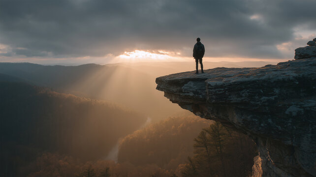 男性が崖の先で光芒を見つめる、山の黄昏時のドラマチックな景色