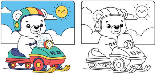 Cute polar bear riding a snowmobile coloring book page vector illustration. Cartoon animal driver with colored example and outline sketch for kids activity.