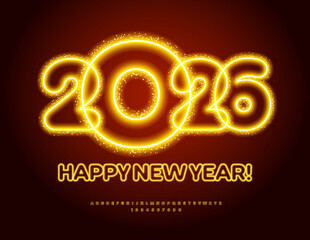 Vector Glowing Wish Card Happy New Year 2026! Holiday illuminated Font. Sparkling Neon Alphabet Letters and Numbers set. 