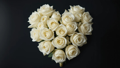 Heart-shaped arrangement of white roses on black background
