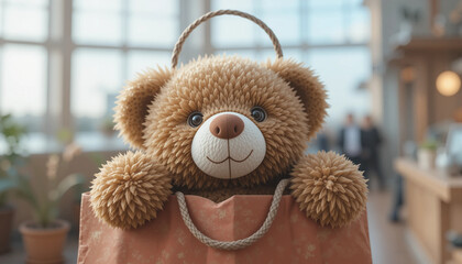 Teddy bear peeking out of paper shopping bag in bright indoor setting